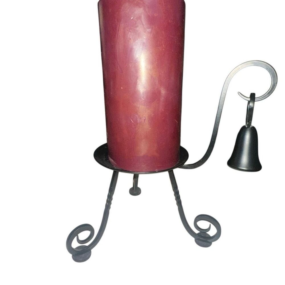 Wrought iron candle holder with snuffer, hook and candle